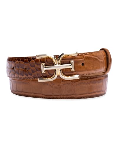 Sam Edelman Damen Doppeltes Logo, Krokodilstruktur Gürtel, Hellbraunes Krokodilleder, L von Sam Edelman