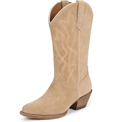 Sam Edelman Fuller Sand Westernstiefel aus Wildleder mit gestapelter Ferse und spitzer Zehenpartie, Sandfarbenes Wildleder, 10 von Sam Edelman