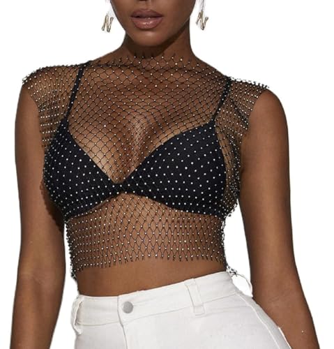 Damen Glitzer Tanktops, schwarze sexy Mesh Tops mit Diamant Aushöhlung, durchsichtige mit Strasssteinen besetzte Crop Tops für Festival Club Rave Outfits, Diamant Kristall Cover Up Clubwear Bluse von SamHeng