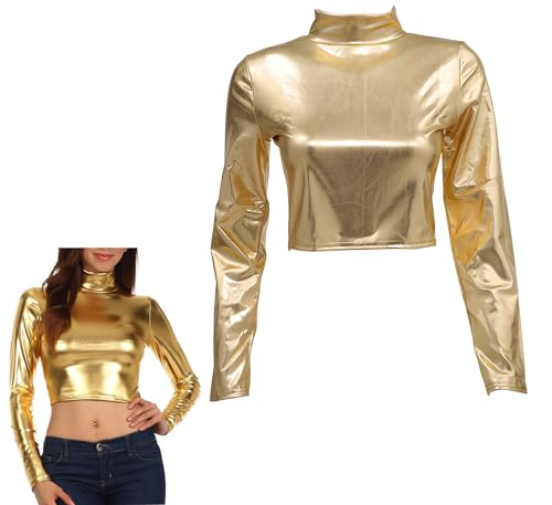 Damen Langarm Oberteile in Metallic Optik, glänzendes Stretch-Langarm Crop Top mit Stehkragen für Clubwear, schmal geschnittene Rollkragen Blusen in Metallic Optik, Party Tanktops, Tanzclub T-Shirt von SamHeng