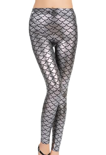 Damen Leggings, Stretch Leggings mit Meerjungfrauen Fischschuppen Druck, glänzende, dünne Disco Metallic Hose, elastische Tanz Yoga Lounge Hose, schmal geschnittene Hose für Tanzbekleidung, Nachtclub von SamHeng