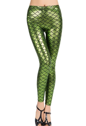 Damen Leggings, Stretch Leggings mit Meerjungfrauen Fischschuppen Druck, glänzende, dünne Disco Metallic Hose, elastische Tanz Yoga Lounge Hose, schmal geschnittene Hose für Tanzbekleidung, Nachtclub von SamHeng