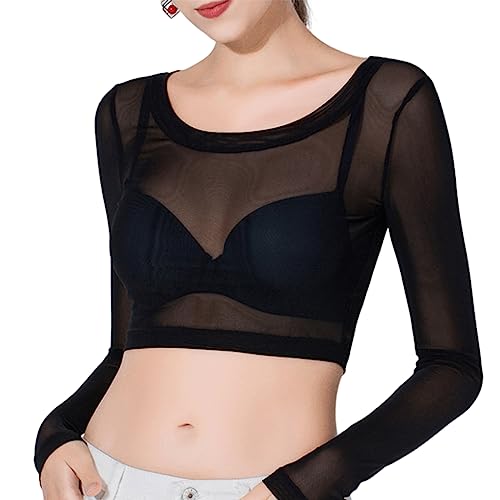 Damen Mesh Sheer Crop Top, Langärmlige, durchsichtige Hemdbluse, Schwarzes schmal geschnittenes, transparentes Shrug Shirt-Oberteil, Cardigan Abdeckung mit offener Vorderseite auf beiden Seiten von SamHeng