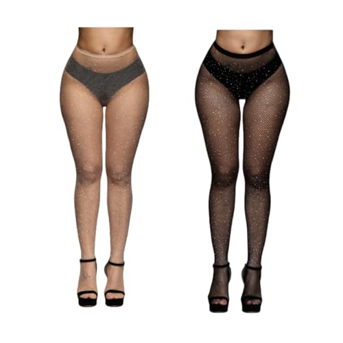 Damen Netzstrumpfhose mit Strasssteinen, 2 Pair dehnbare, glitzernde Diamant-Netzstrümpfe, sexy Glitzer-Nachtclub-Strumpfhose, Netzstrumpfhose mit hoher Taille für Party, Urlaub, Tanzen, Halloween von SamHeng