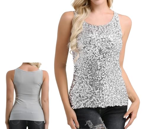 Damen Pailletten Tanktop, ärmellose Funkelnde Schimmernde Weste, 1920er Jahre, glitzerndes Pailletten Top, Glitzer Rave Party Weste Tank Tops, glitzernde Blusen T-Shirts mit Rundhalsausschnitt von SamHeng