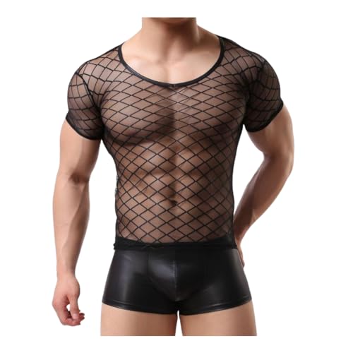 Durchsichtiges Netz T-Shirt für Herren, sexy durchsichtiges Kurzarm-Tanktop, Netz Crop-Top mit Rundhalsausschnitt, transparente T-Shirts für Party, Rave, Disco, Clubwear, Unterhemden für das Training von SamHeng