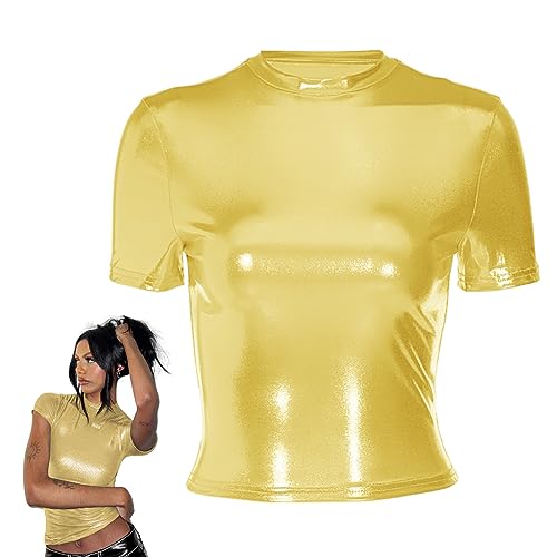 Glänzende Damen-Oberteile, holografisches metallisches kurzärmliges Slim-Fit-T-Shirt, schimmerndes Crop-Top, Mock Neck Partybluse, glitzernde Disco-T-Shirt-Bluse für Festival, Rave, Kostüm, Clubwear von SamHeng