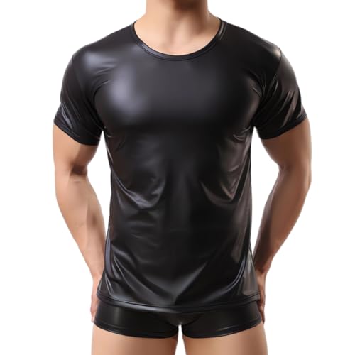 Glänzendes Metallic Tanktop für Herren, Kurzarm Unterhemd T-Shirts aus PVC Leder, muskelenge T-Shirts mit Rundhalsausschnitt, Clubwear, schwarzes Slim Fit Tanz Top T-Shirt für Nachtclub Musik Festiva von SamHeng