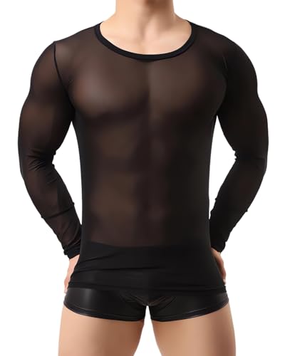 Herren Langarm Tops, sexy durchsichtige durch das transparente Mesh Unterhemd für Männer, schlankes Fitnessstudio Trainingstraining TShirt Pullover Tops, runde Hals Tops Clubwear für Party Rave Disco von SamHeng