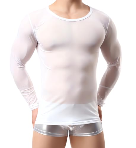 Herren Langarm Tops, sexy durchsichtige durch das transparente Mesh Unterhemd für Männer, schlankes Fitnessstudio Trainingstraining TShirt Pullover Tops, runde Hals Tops Clubwear für Party Rave Disco von SamHeng