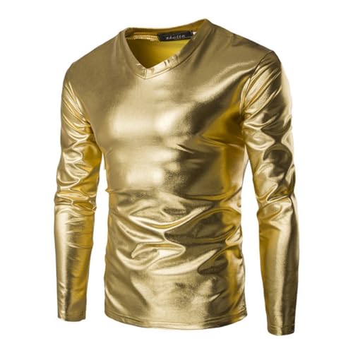 Herren Metallic Hemden, langärmelige glänzende Wet Look Tunika Oberteile für Clubwear, V-Ausschnitt solides Leder Party T-Shirt, schmal geschnittene, lässige Pullover für Tanz Disco-Nachtclub Kostüme von SamHeng