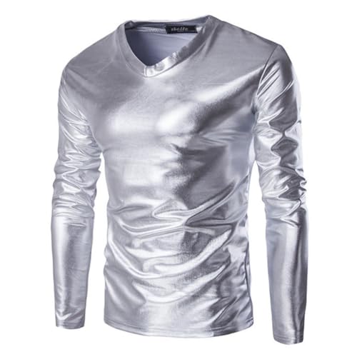 Herren Metallic Hemden, langärmelige glänzende Wet Look Tunika Oberteile für Clubwear, V-Ausschnitt solides Leder Party T-Shirt, schmal geschnittene, lässige Pullover für Tanz Disco-Nachtclub Kostüme von SamHeng