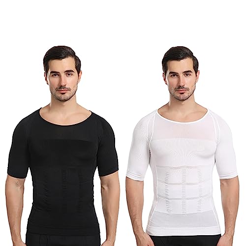 Kompressionshemden für Männer, schlankmachendes Body Shaper Kurzarm Shapewear Bauchkontroll Shapewear Bauchunterhemden mit Rundhalsausschnitt 2 Pack von SamHeng