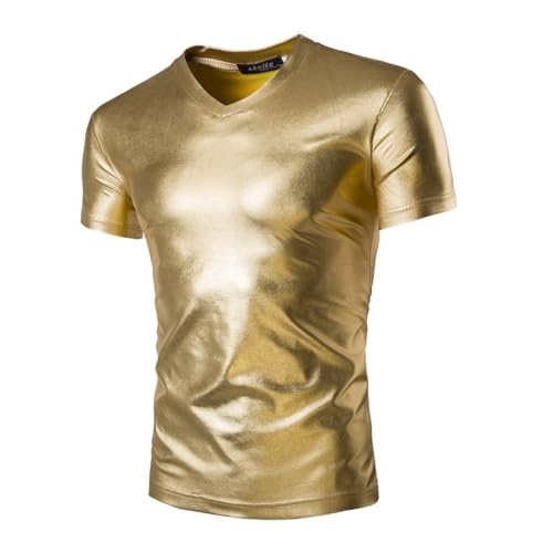 Metallische T-Shirts für Herren, kurze Ärmel, glänzende Tunika-Oberteile für Clubwear, V-Ausschnitt, solides Party-T-Shirt, Blusen-T-Shirt, schmal geschnittene, lässige Pullover für den Nachtclub von SamHeng