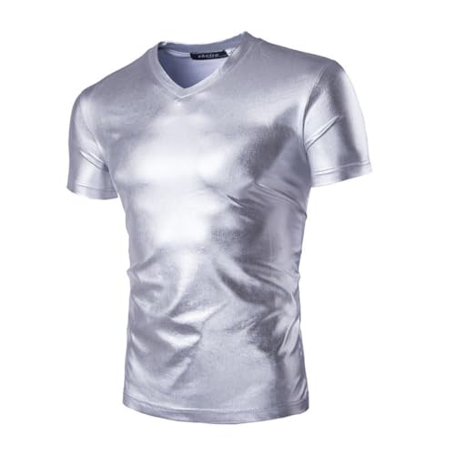 Metallische T-Shirts für Herren, kurze Ärmel, glänzende Tunika-Oberteile für Clubwear, V-Ausschnitt, solides Party-T-Shirt, Blusen-T-Shirt, schmal geschnittene, lässige Pullover für den Nachtclub von SamHeng