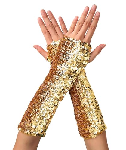 Pailletten Handschuhe für Damen, Bühnenauftritt lange glitzernde fingerlose Pailletten Handschuhe, elastische glänzende Tanzhandschuhe für Maskerade Partys, Rave, Halloween, Cosplay, Opernaufführungen von SamHeng