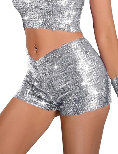 Pailletten Shorts für Damen, hoch taillierte, elastische, gerade geschnittene, glänzende Hotpants, sexy funkelnde Glitzer Rave Shorts für Party Konzerte, lässige, lockere Hotpants für Clubwear von SamHeng