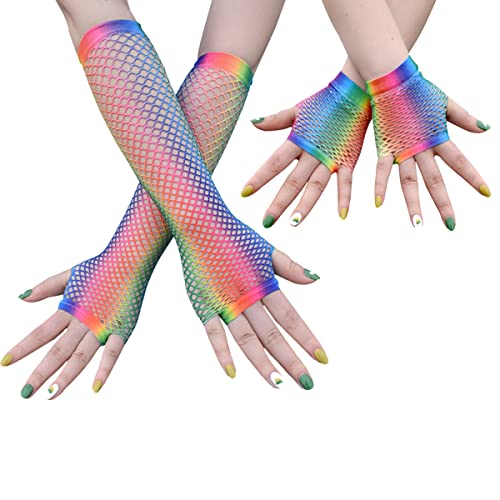 SamHeng 2 Paare Rainbow Fishnet Handschuhe, durchbohrte lange und kurze Fingerlose Netzhandschuhe, funky Retro Elegante Opernabendparty 1920er Handschuhe für Party Tanzkostüm der 80er Jahre von SamHeng