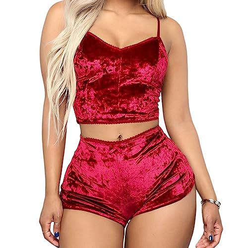 SamHeng 2pcs kurzes Pyjama-Set für Damen, sexy Samt-Unterhemd und Shorts, Nachtwäsche für Damen, V-Ausschnitt, Dessous, ärmelloses Crop-Top, Nachtwäsche, Rot von SamHeng