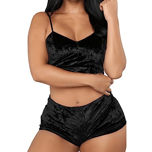 SamHeng 2pcs kurzes Pyjama-Set für Damen, sexy Samt-Unterhemd und Shorts, Nachtwäsche für Damen, V-Ausschnitt, Dessous, ärmelloses Crop-Top, Nachtwäsche, Schwarz von SamHeng