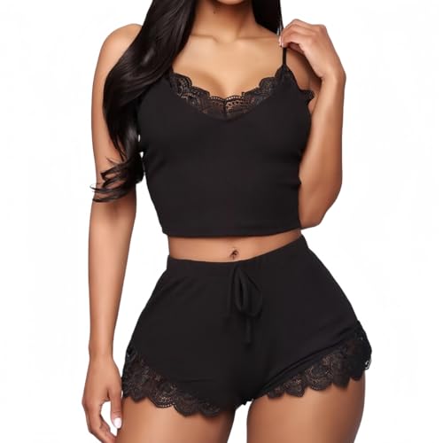 SamHeng 2teiliges kurzes Pyjama Set für Damen, Spaghettiträger Bauchfreies Top Spitzen Unterhemd und Shorts V-Ausschnitt ärmellose Nachtwäsche PJ Set Nachtwäsche (Schwarz/L) von SamHeng