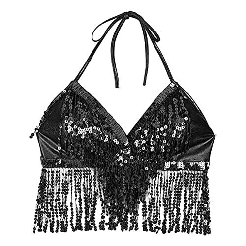 SamHeng Bauchtanz Crop Top, Damen Pailletten Perlen Halter Top BH, Fransen Quaste Bandage Tank Top Strappy Backless Tube BH für Bauchtanz, Latin Dance, Party Club Kostüm von SamHeng