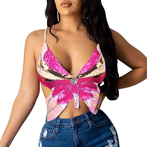 SamHeng Bauchtanz Crop Top für Frauen, Schmetterling Pailletten Halter Top Bandage Tank Top, Strappy Backless Tube Top Tank ärmellose Weste Kostüm für Bauchtanz, Latin Dance, Party Club von SamHeng