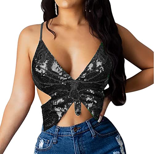 SamHeng Bauchtanz Crop Top für Frauen, Schmetterling Pailletten Halter Top Bandage Tank Top, Strappy Backless Tube Top Tank ärmellose Weste Kostüm für Bauchtanz, Latin Dance, Party Club von SamHeng