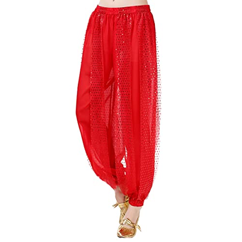 SamHeng Bauchtanz Haremshose, Damen Chiffon Tribal Arabisch Hose, Pailletten Glänzend Lose Bauchtanz Kostüm Pumphose für Bauchtanz Yoga Pilates Zumba Party Performance Kostüm von SamHeng