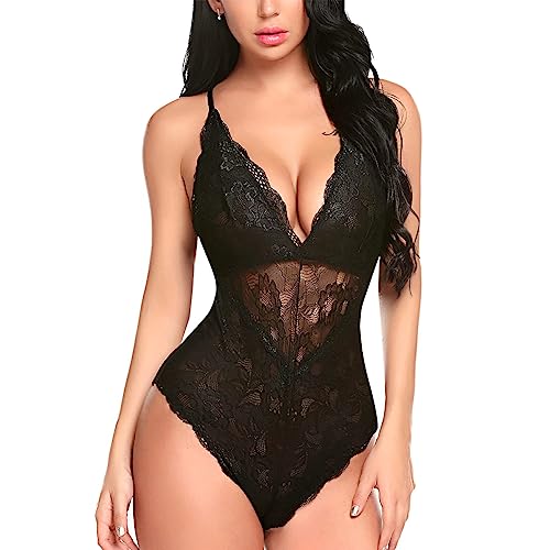 SamHeng Bodys für Damen Spitzenbody Schwarz Damen Sexy Body Damen Durchsichtiges Oberteil EIN Stück V-Ausschnitt Unterwäsche Nachtwäsche, XL von SamHeng