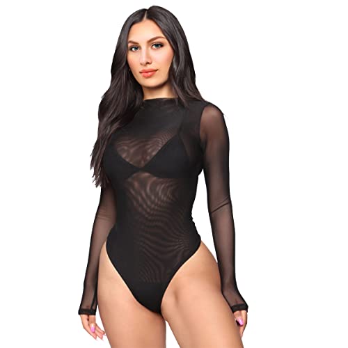 SamHeng Bodys für Damen Spitzenbody Schwarz Damen Sexy Body Damen Langarm Durchsichtiges Oberteil-L von SamHeng