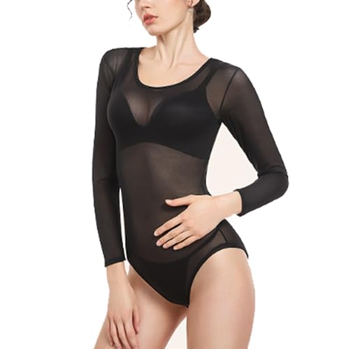 SamHeng Bodys für Damen Spitzenbody Schwarz Damen Sexy Body Damen mit Rundhals Langarm Durchsichtiges Oberteil-L von SamHeng