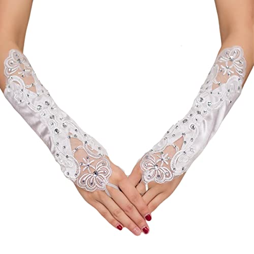 SamHeng Braut Spitze Fingerlose Handschuhe, Elegant Frauen Bestickte Blume Strass Handschuhe, Damen Satin Handschuhe zum Hochzeit Party Bankett Maskerade Oper Ausgefallenes Kostüm (Weiß) von SamHeng