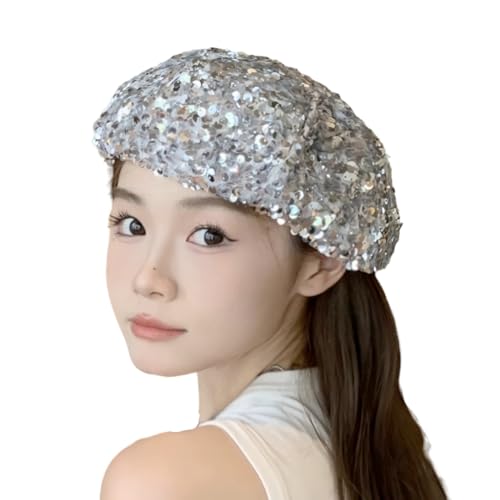 SamHeng Damen Baskenmütze mit glitzernden Pailletten glänzende Mädchen Mütze glitzernde glänzende Tanzhüte für Party Clubwear Cosplay Performance Kostüm, Silber von SamHeng