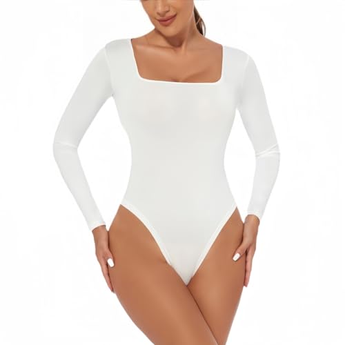 SamHeng Damen Body mit langen Ärmeln sexy quadratischer Ausschnitt lässiges Trikot Tops Tanga dehnbar Basic Bodysuit schmale Passform Overall Clubwear Unterwäsche(weiß/XL) von SamHeng