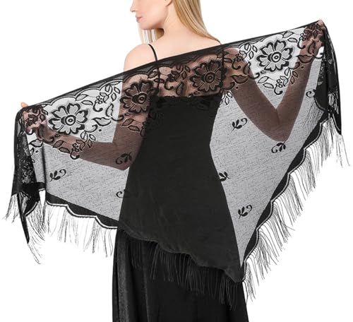 SamHeng Damen Dreieck Spitze Tücher und Wraps für Abendkleider mit Quasten für Abend Party Prom Schal Mesh Hochzeit Schals für Hochzeitsfeiern Brautjungfer(Schwarz) von SamHeng