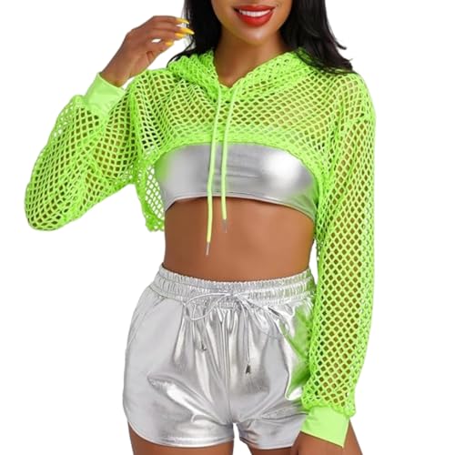 SamHeng Damen Fischnetz Langarm Crop Top See Through Mesh Blusen Pullover Open Front Hollow Out Hoodie Short T-Shirts für Party Clubwear Sommer Strand Cover Up Halloween(Neon Grün/L) von SamHeng