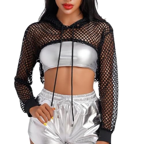 SamHeng Damen Fischnetz Langarm Crop Top See Through Mesh Blusen Pullover Open Front Hollow Out Hoodie Short T-Shirts für Party Clubwear Sommer Strand Cover Up Halloween(Schwarz/L) von SamHeng