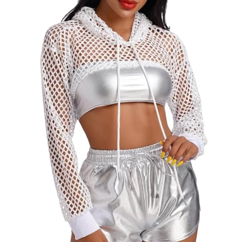 SamHeng Damen Fischnetz Langarm Crop Top See Through Mesh Blusen Pullover Open Front Hollow Out Hoodie Short T-Shirts für Party Clubwear Sommer Strand Cover Up Halloween(Weiß/M) von SamHeng