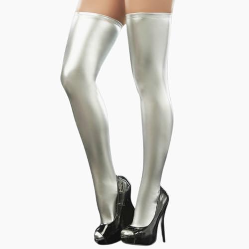 SamHeng Damen Glänzende Kniestrümpfe, Sexy Wetlook Halterlose Strümpfe für Damen Oberschenkelhohe Strümpfe Dehnbare Strumpfhosen Nachtwäsche Clubwear Tanz Party Kostüm, Silber von SamHeng