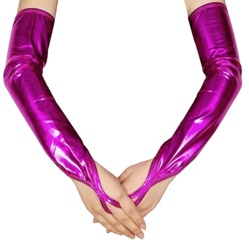 SamHeng Damen Metallic Fingerlose Handschuhe, Glänzend Lackleder Ellenbogenlang Opernhandschuhe für Abendparty Maskenball Rave Bühnenauftritt Cosplay Kostüm Nachtclub Tanzhandschuhe (Rosé) von SamHeng
