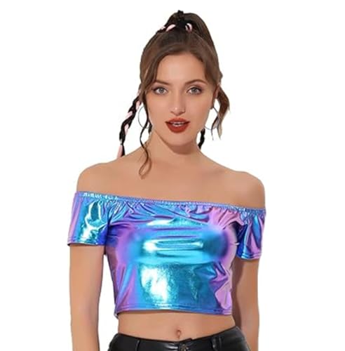 SamHeng Damen Metallic Shiny Tops Kurze Ärmel Off Shoulder Solid Crop Top Rundhals Clubwear Bluse Tops T-Shirt für Halloween Kostüm Disco Dance Party (Blau/L) von SamHeng