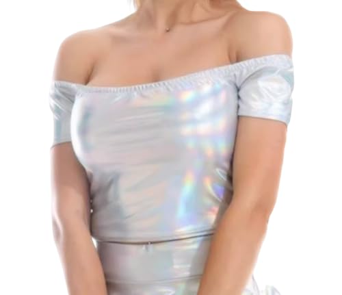 SamHeng Damen Metallic Shiny Tops Kurze Ärmel Off Shoulder Solid Crop Top Rundhals Clubwear Bluse Tops T-Shirt für Halloween Kostüm Disco Dance Party (Silber/L) von SamHeng