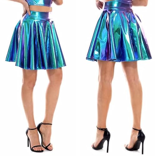 SamHeng Damen Metallischer Faltenrock Mini Skater Minirock Shiny Metallic Plisseerock Low Rise Röcke Tanz Tutu Party Club Kostüm Blau von SamHeng