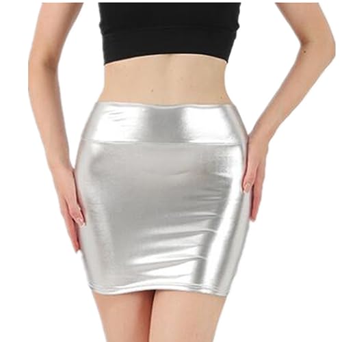 SamHeng Damen Minirock Stretch Metallic Skinny Kurz Wetlook Sexy Hohe Taille Wrap PU Leder Röcke Slim Kunstleder Bleistiftröcke Bodycon Disco Steampunk Partyröcke Clubwear, Silber von SamHeng