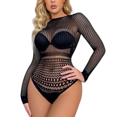 SamHeng Damen Netz Body mit langen Ärmeln dehnbar durchsichtig Rundhalsausschnitt sexy Body Top Trikot Clubwear, Schwarz von SamHeng