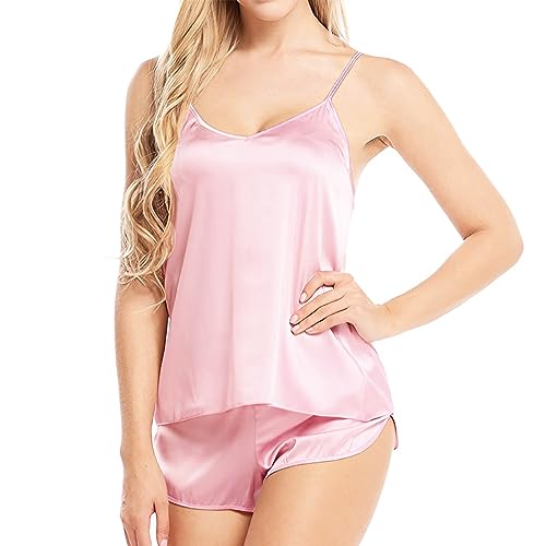 SamHeng Damen Schlafanzug Sexy Pyjama Set Satin Nachtwäsche Sommer Kurz Hausanzug Camis Top und Shorts Negligee V-Ausschnitt Sleepwear-(Rosa/L) von SamHeng