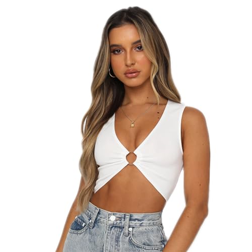 SamHeng Damen Sexy Tank Top, Solide Farbe Tiefes V Ärmellos Vest Tops V-Ausschnitt Bustier Korsett Deep V Bauchfreie Oberteile Rüschen Metall Ring T-Shirt Sommer Crop-Tops Streetwear (Weiß-M) von SamHeng