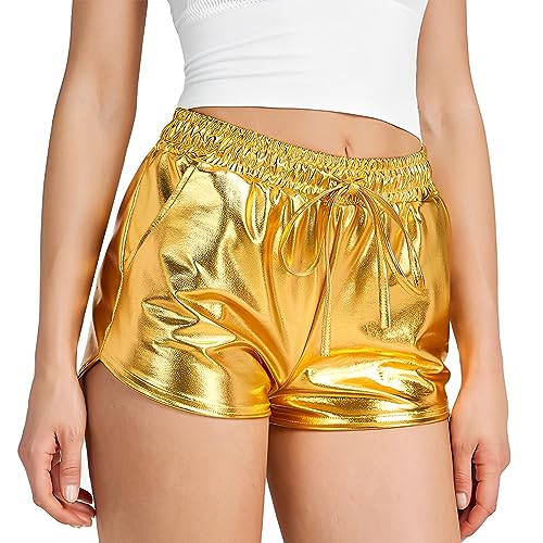 SamHeng Damen Shiny Shorts Metallic Shorts für Frauen PU Leder Shorts Drawess Elastic Taille Shorts Shiny Shorts Tanz Rave Heiße Hosen mit Taschen Casual Party Night Club Streetwear (Gold-M) von SamHeng