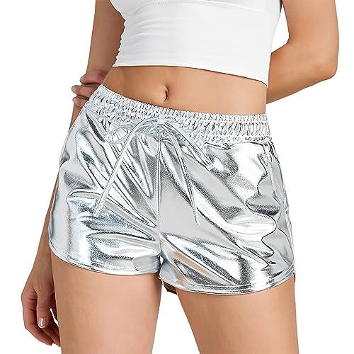 SamHeng Damen Shiny Shorts Metallic Shorts für Frauen PU Leder Shorts Drawess Elastic Taille Shorts Shiny Shorts Tanz Rave Heiße Hosen mit Taschen Casual Party Night Club Streetwear (Silber-L) von SamHeng